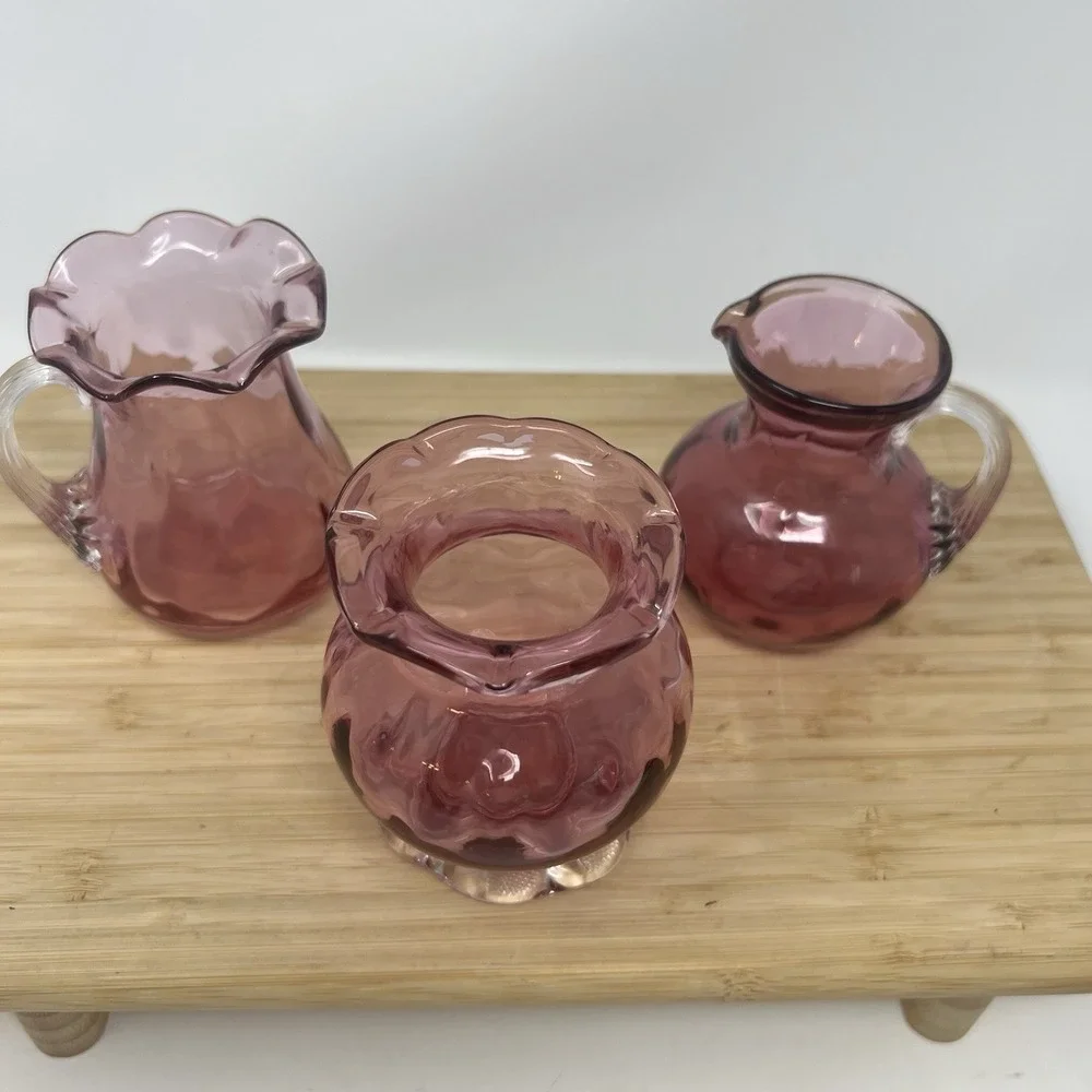 Vintage Set Of 3 Cranberry Glass Hand‎ Blown Pilgrim  Vase & Pitchers EUC